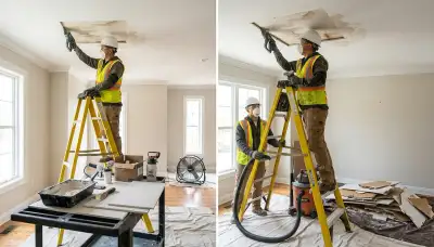Ceiling water damage repair in Toledo, OH home with stained drywall and moisture damage