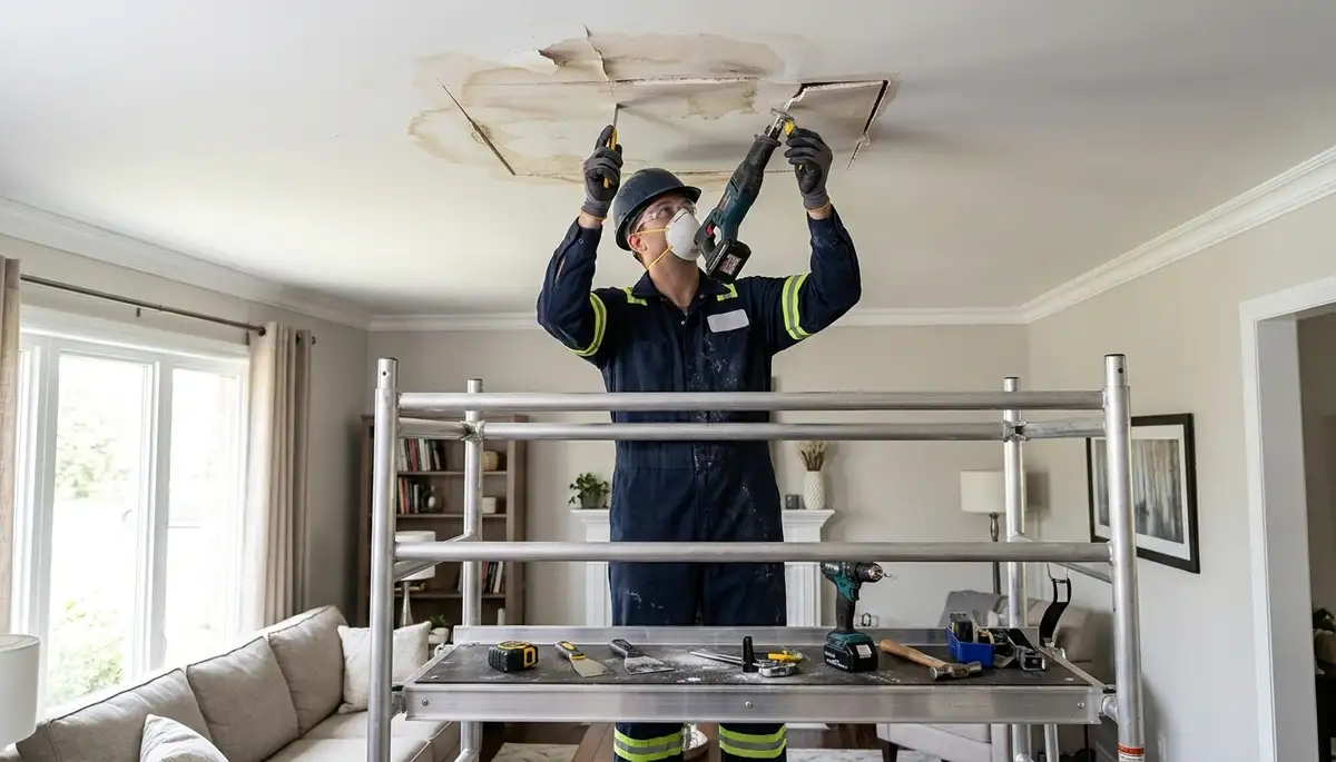Ceiling water damage repair in Toledo, OH home with stained, sagging drywall and moisture damage