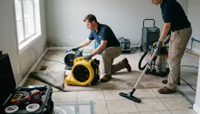 Water damage restoration crew in Toledo, OH inspecting flooded home and setting up drying equipment