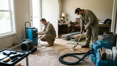 Water damage restoration crew in Toledo, OH drying a flooded home after pipe damage